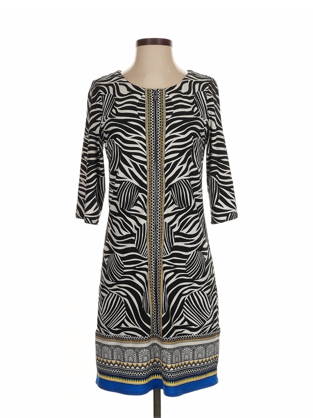 Black and White Zebra Print Shift Dress with Blue Trim